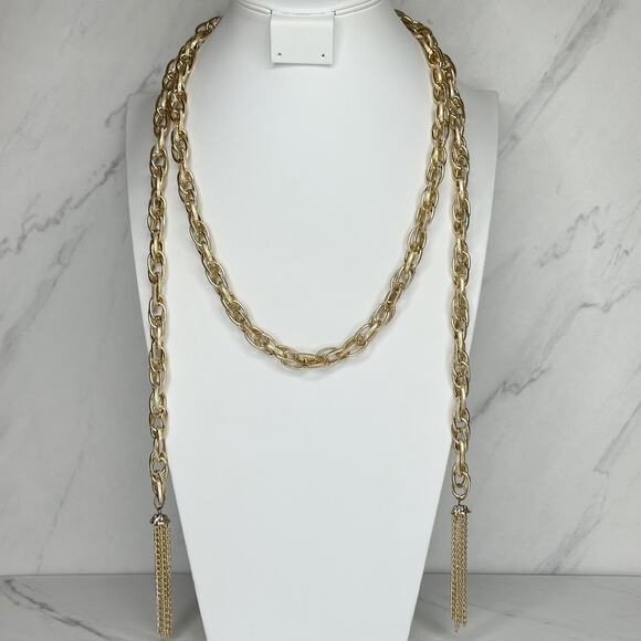 Gold Tone Tassel Chain Link Open Wrap Necklace - Picture 1 of 11